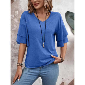 Women'<b>s</b> Short-Sleeved V-Neck Viscose <b>Blouse</b>, 35661 - Blue - Product Image 1