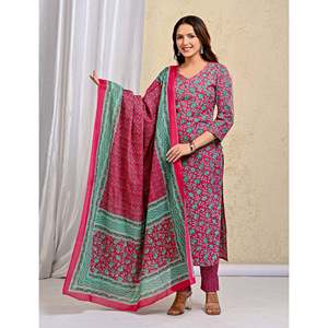Pink Hand-Drawn Jaal Block Printed Cotton Kurta Pant Set Mulmul Dupatta Ethnic Indian Salwar Kameez for Occasions <b>Net</b> <b>Fabric</b> - Product Image 6