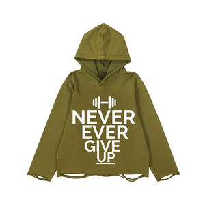 Olive Green Color French Terry Distress Hoodies with Pockets <b>Raw</b> Hem Regular Fit Unisex Winter Digital Printing for - Product Image 2