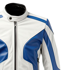 Veste en cuir de mouton blanc bleu royal pour homme avec col montant Racer Classy Casual Moto Biker Style Fashionable Canvas Fabric - Product Image 3