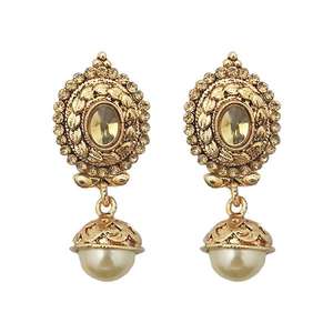 Boucles d'Oreilles Kriaa Brown Stone Pearl Jhumki Plaqué Or 1307636 - Product Image 1