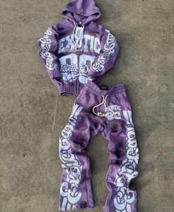 Chándal personalizado con cremallera, Sudadera con capucha y pantalones de chándal con parche de socorro y lavado ácido, conjunto de chándal acampanado para hombre - Product Image 5