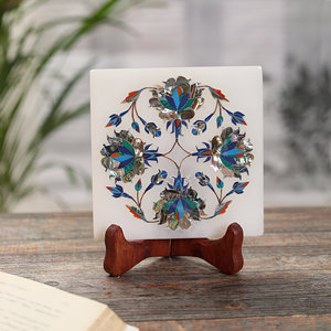 Plateau de service en marbre élégant de luxe travail d'incrustation élégant pour la décoration intérieure pour le salon salle à manger idée cadeau pour la maison - Product Image 1