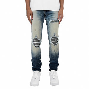 กางเกงยีนส์แนววินเทจสำหรับผู้ชายกางเกงยีนส์แนวสตรีทฮิปฮอปทรงสลิมฟิตกางเกงยืดผ้าปะติดแบบวินเทจตามสั่ง - Product Image 1