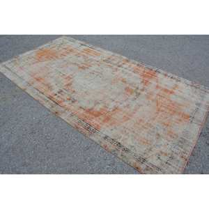 Alfombra turca Vintage de 5x9 pies, patrón de retales de tejido plano de lana beige naranja para decoración de pasillo de sala de estar, respaldo de látex - Product Image 4