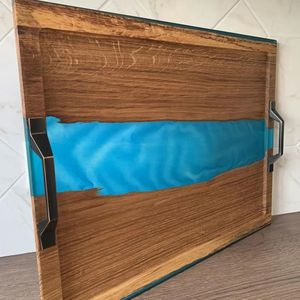 Bandeja de servicio de madera de diseño de lujo Bandeja de servicio de madera y epoxi de resina personalizada Bandeja de servicio decorativa con asas - Product Image 3