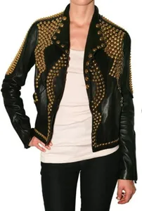 Chaqueta de Cuero de Oveja Negra Estilo Punk con Tachuelas, Tejida, Transpirable, de Alta Calidad, Cuero Genuino para Mujer - Product Image 5