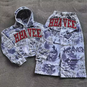 Conjunto de Sudadera con Capucha y Pantalones Deportivos de Invierno Gruesos, Estilo Vintage, Lavado Ácido, Bordado Desgastado, Unisex, Personalizado, de Poliéster/Algodón - Product Image 1