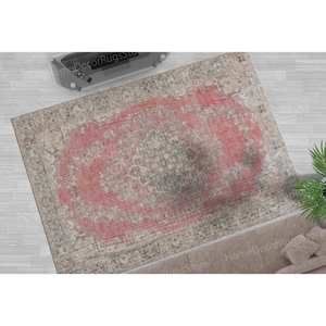 Tapis imprimé de style marocain, style turc, médaillon, grand gris et rouge, tapis fin non tissé - Product Image 2