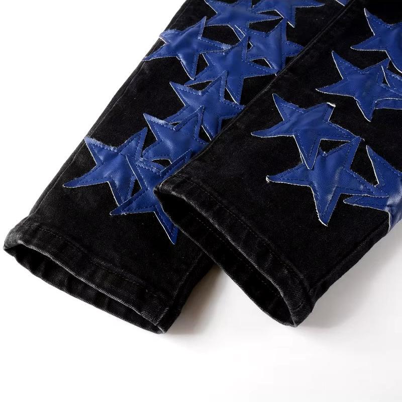 Custom Wholesale Blue Star Patch Denim Jeans Men Tapered Ripped