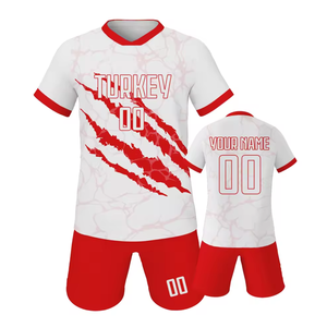 Ensemble de maillots de football personnalisés sublimés Turquie, col en V, manches courtes, blanc et rouge, respirant, polyester, pour hommes adultes, tenue d'équipe - Product Image 1