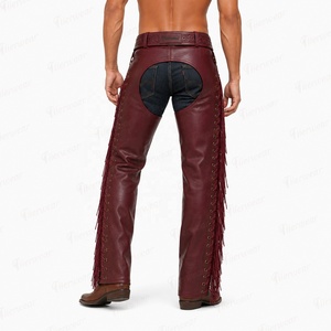 Chaps en cuir véritable pour homme, coupe haute, ajustement régulier, avec franges et fermeture à boucle, pour l'équitation - Product Image 5