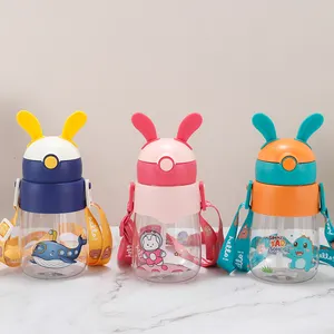 500ml Cute Rabbit Shaped Water Bottle With Straw Shoulder Strap Sticker Portable Cute Cartoon Print Children's Sports Bottle