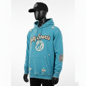 Sudadera con Capucha Premium de Tela de Felpa de 330 g/m², Diseño Desgastado, Color Verde Azulado, Logotipo Bordado en Chenilla Personalizado, Suave y Cálida, Estilo Urbano Básico - Product Image 4
