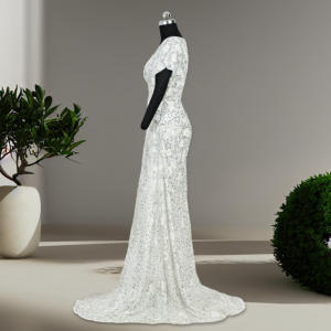 Luxury <b>White</b> Wedding Gown Tulle Hand Embroidered Sequins Beads High Collar Elegant <b>Lace</b> for Formal Parties Mother Bride Crystal - Product Image 2