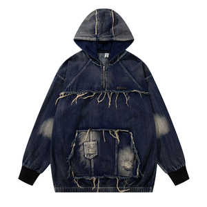 Sudadera con Capucha de Mezclilla de Moda, Estilo Wasteland, Lavada, con Costuras, Informal para Hombre, Corte Regular, Invierno, Estampada, 100% Algodón - Product Image 6