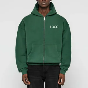 Sudadera con Capucha Verde para Hombre, Cierre de Cremallera, Corte Holgado, Color Sólido, Informal, con Bolsillo Delantero, para Otoño 2027 - Product Image 2