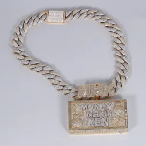 Pingente de corrente de ouro branco e amarelo 14K totalmente cravejado com diamantes de Moissanite redondos e corte baguette, desenho hip hop para homens