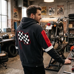 Felpa <span class=keywords><strong>Moto</strong></span> Personalizzata 400 GSM con Pannelli in Pile Pesante e Bandiera a Scacchi in Ciniglia, Felpa da Corsa OEM all'Ingrosso - Product Image 5