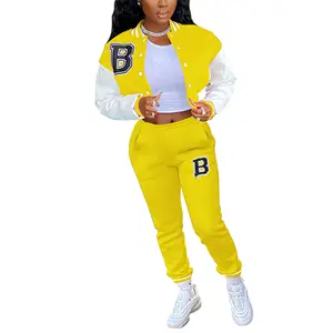 Moda Feminina's Baseball Tracksuits Conjuntos na Cor Amarela Alta Qualidade das Mulheres Streetwear Varsity Jackets Sets