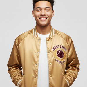 Chaqueta Universitaria de Invierno Personalizada en Satén Dorado, Acabado Teñido Sólido, Logotipo Bordado, Ecológica, MOQ Bajo, Diseño para Club de Baloncesto - Product Image 5