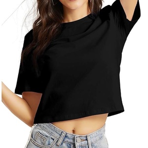 Good Quality Solid Black Color Ladies Crop <b>Top</b> T Shirt Breathable Wholesale O Neck Plus Sized Custom Printing Outdoor Wear - Product Image 1