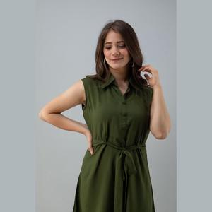 Sólido botella verde rayón sin mangas largo superior elegante camisa estilo carrera vestido para mujer - Product Image 4