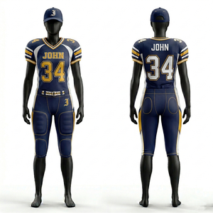 Uniforme de football américain pour femmes, polyester extensible 280 GSM, bleu marine, blanc, panneaux latéraux dorés, logo en twill, uniforme de football américain - Product Image 5