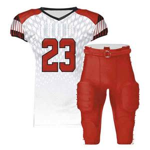 Tenue de football américain de niveau professionnel, ensemble complet rouge court comprenant un maillot et un pantalon, 100% polyester respirant à séchage rapide, conçu - Product Image 1