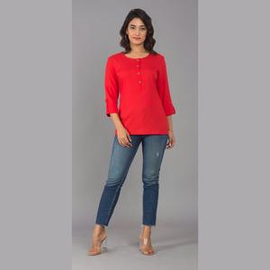 Rayon <b>Red</b> Vintage <b>Crop</b> <b>Top</b> Women's Casual Neck <b>Top</b> Button Decoration Woven Fashionable <b>Top</b> for Spring Summer Autumn Size XL - Product Image 1