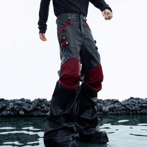 2024 Patchwork Casual pantalones masculinos nicho deconstrucción PU pantalones de cuero contraste empalme suelto pierna recta lona - Product Image 1