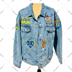 Vestes en jean personnalisées pour femmes de la sororité Sigma Gamma Rho |   SGRHO Patchs brodés pour vêtements grecs, imperméables, séchage rapide, 100% - Product Image 1