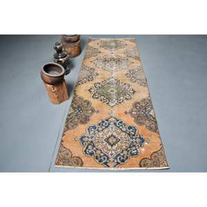 Tapis Turc Vintage Beige Bleu 3.1 X 8.7ft Laine Faite à la Main avec Peluche Pile Hauteur Forme Rectangulaire Motif Abstrait pour Chambre - Product Image 1