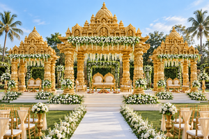 Magnifique structure de mandap de mariage de style maharaja en cristal doré, mandap de mariage luxueux en bois doré avec draperies rouges et décorations florales - Product Image 2
