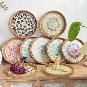 Plateau de service en bambou écologique, fait à la main, en rotin tressé, carré, rectangulaire, incrustation de nacre - Product Image 5