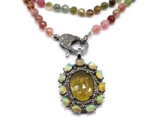 สร้อยคอทรงกลมทัวร์มาลีนสีเหลืองธรรมชาติเงินแท้925อัญมณีโอปอลเอธิโอเปียนจี้โอปอลแบบหลายทัวร์มาลีน - Product Image 1