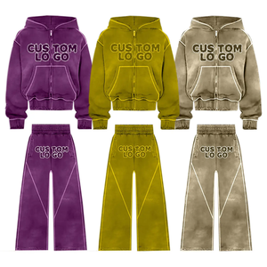 High Quality Printed Breathable 100% Cotton Lightweight Men <b>Distressed</b> Patch Flare Hoodie Set Tracksuits Streetwear for Winter - Product Image 1