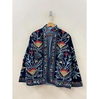 Veste d'automne pour femmes, réversible, en velours bleu nuit, col mandarin, broderie à la main Suzani, fabrication artisanale de Jaipur, en laine de mouton