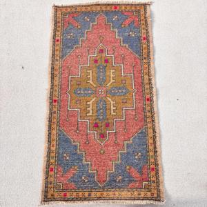 1.8x3.3 ft Rug, Vintage Turkish Rug, <b>Red</b> Blue Bordered <b>Wool</b> Rug - Product Image 1