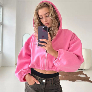 Trendy High Quality Solid Color <b>Custom</b> Zip up Drop Shoulder <b>Balloon</b> Sleeves Oversized Crop Top Hoodie Women premium hoodie zip - Product Image 2