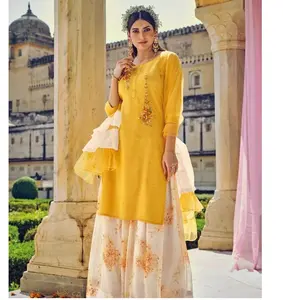 Kurta de Algodón Suave con Falda, con Bordado Intenso, Trabajo de Lentejuelas, Estampado Digital, Trabajo Manual con Espejo y Mangas Largas - Product Image 1