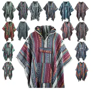 Poncho com capuz 100% algodão macio escovado quente com capuz feito à mão unissex poncho com capa e cores vibrantes hippie