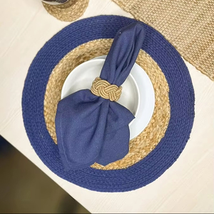 Round Verona Woven Jute Cotton Braided Placemat for Dining <b>Table</b> Decor Wedding Family Gatherings Parties With <b>Blue</b> Border - Product Image 1