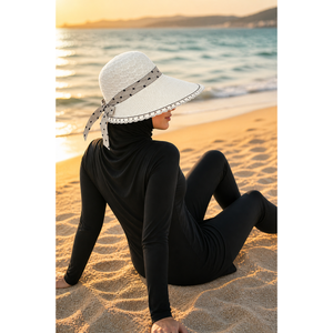 Sombrero de Playa de Paja Flexible con Diseño de Corazones Beige, Detalle de Cinta, Ala Ancha, Estilo Panamá, Paja Natural de Trigo para la Cabeza - Product Image 1