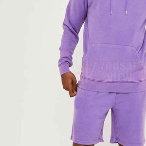 Nouveautés : Ensemble décontracté 2 pièces pour homme, 100 % coton respirant, avec sweat à capuche uni et short imprimé, grandes tailles, idéal pour l'été - Product Image 6