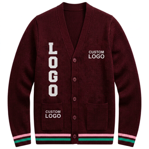 Custom Logos Men's Winter Solid Maroon V-Neck Thick <b>Cardigan</b> <b>Sweater</b> Cream Pink Buttons Full Sleeve Acrylic Knit Casual - Product Image 1