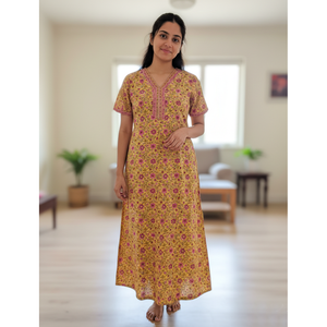 Vestido de Dormir 100% Algodón con Estampado Jaal Hecho a Mano, Camisón Suave Tejido con Diseño Floral y Botones, ODM 3XL para Damas de Honor - Product Image 1