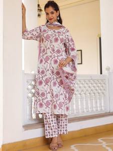 Mujeres étnicas Floral impreso ojo de cerradura cuello puro algodón Kurta con pantalones y Dupatta indio pakistaní salwaar kameez traje - Product Image 4