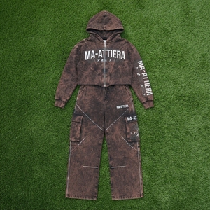 Custom Women Acid Wash Brown <b>Cropped</b> Zip Hoodie Cargo <b>Jogger</b> Set Cotton Fleece Streetwear Tracksuit OEM Wholesale - Product Image 6