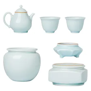 Zhongs Ofen chinesischer Stil handgefertigte handbemalte Keramik 6teiliger Teetasse-Satz Schatten grüner Porzellan-Tasse-Satz